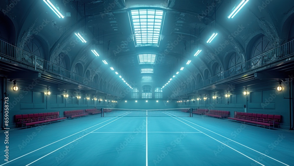 Empty Indoor Volleyball Court With Fog and Lights at Night Empty Indoor Volleyball Court With Fog and Lights at Night