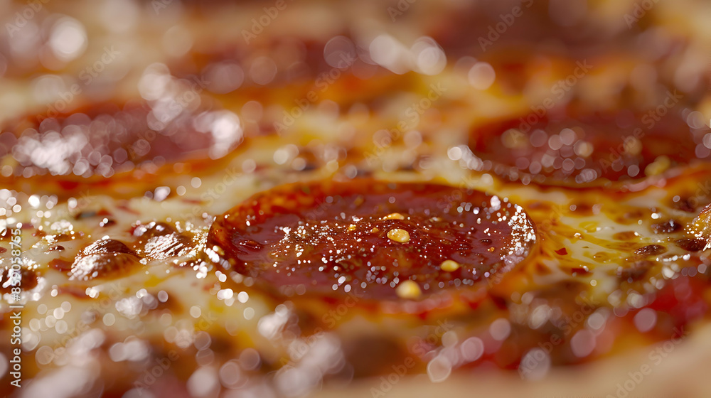 A macro shot of a spicy pepperoni pizza, focusing on the bubbling melted cheese and the glistening pepperoni slices with visible red chili flakes sprinkled on top A macro shot of a spicy pepperoni pizza, focusing on the bubbling melted cheese and the glistening pepperoni slices with visible red chili flakes sprinkled on top