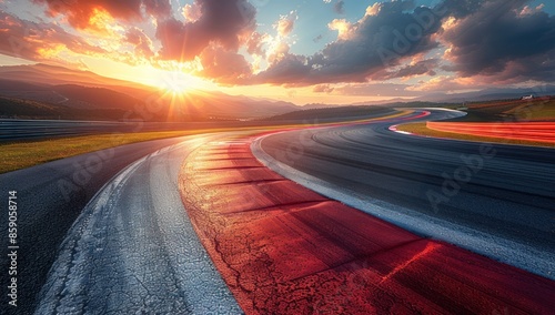 Striking sunset over a racetrack with warm red tones and a dynamic sense of motion
