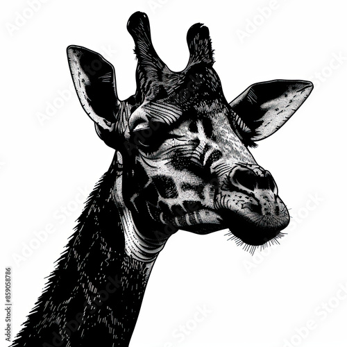 A black and white drawing of a giraffe 's head photo