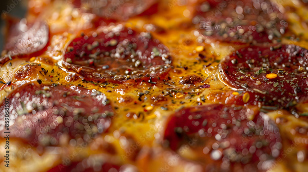 A macro shot of a spicy pepperoni pizza, focusing on the bubbling melted cheese and the glistening pepperoni slices with visible red chili flakes sprinkled on top A macro shot of a spicy pepperoni pizza, focusing on the bubbling melted cheese and the glistening pepperoni slices with visible red chili flakes sprinkled on top