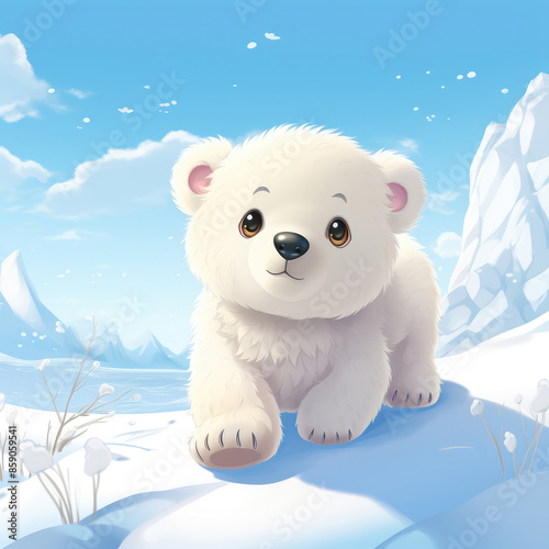 Cute Cartoon Polar Bear Cub on a Snow Landscape, Generative AI © Yanwei