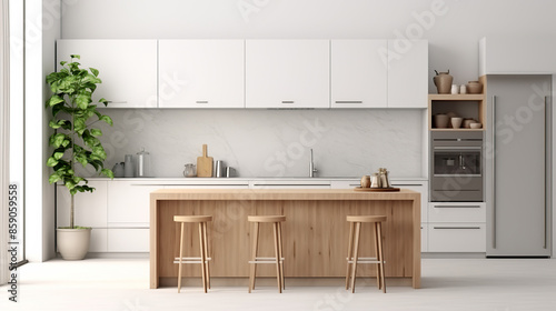 Modern kitchen set alone against a stark white background