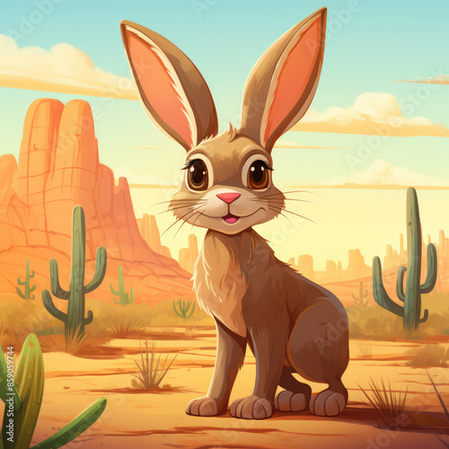 Cute Cartoon Jackrabbit in the Desert, Generative AI
