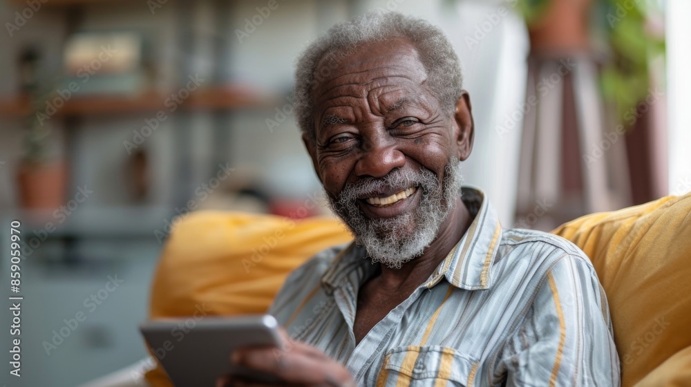 portrait of a happy smiling african american pensioner using a tablet or gadget while sitting on the couch at home portrait of a happy smiling african american pensioner using a tablet or gadget while sitting on the couch at home