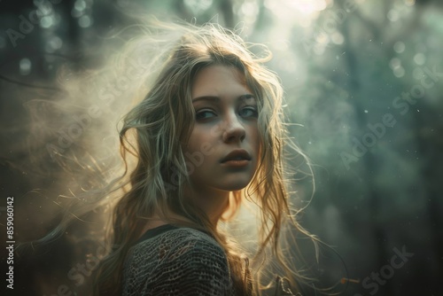 Mysterious Blonde Woman in a Forest
