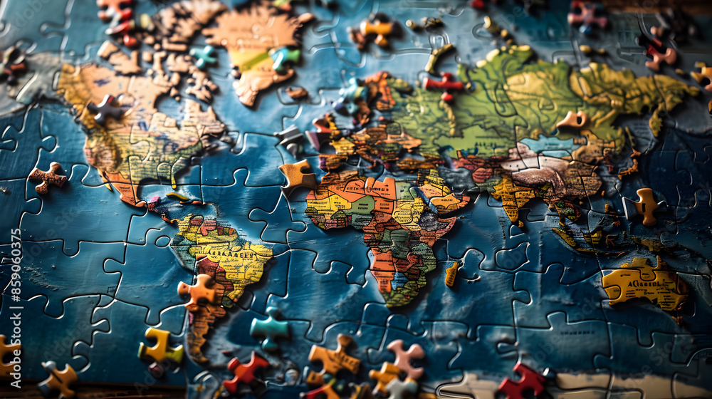 Fototapeta premium Colorful jigsaw puzzles come together to create a map. Each piece reveals a unique region. and connected to each other The complete map emphasizes the diversity and unity of the various areas.