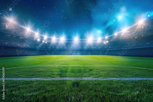 Majestic large football stadium with lights illuminated. empty pitch. © Afeefa_Rehman