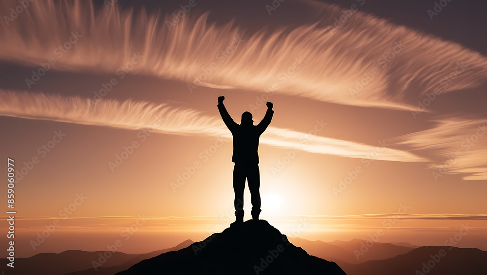 A new modern illustration of a positive self believe man celebrating on top mountain with arms raised up A new modern illustration of a positive self believe man celebrating on top mountain with arms raised up