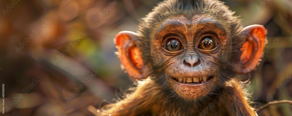 Fototapeta premium Cute baby monkey with big eyes looking at the camera