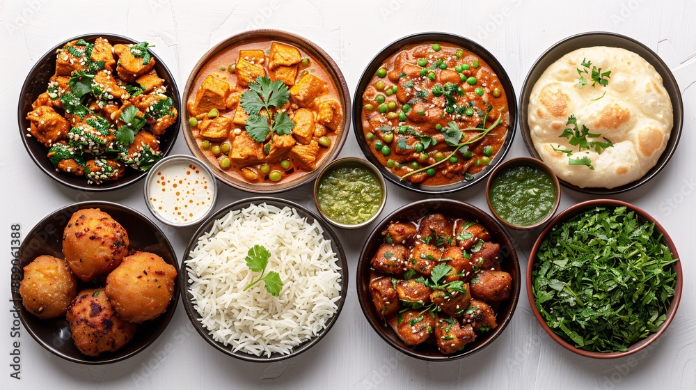 collection of Indian foods isolated on a white background, including momos, butter chicken curry and rice, samosas, and pani puri collection of Indian foods isolated on a white background, including momos, butter chicken curry and rice, samosas, and pani puri
