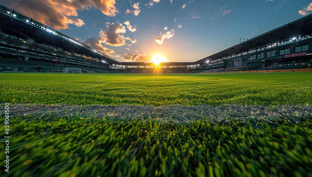 Fototapeta premium Glowing Floodlights and Empty Green Grass Field with sunset - Professional Sports Background for Spectacular Sports Stadium Advertisement