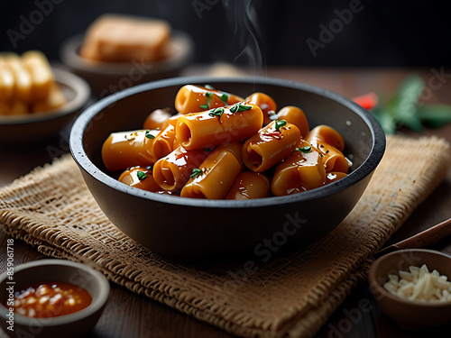 Tteokbokki, a sticky rice snack boiled with spicy sauce. photo