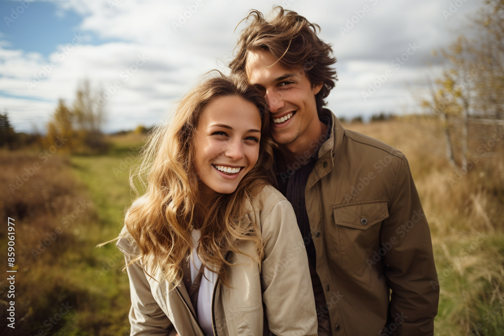 a happy young couple in love, smiling and looking at the camera while standing outside in a field. a happy young couple in love, smiling and looking at the camera while standing outside in a field.