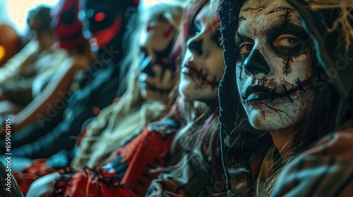 Close-up of diverse individuals in horror costumes, sitting on a couch with their faces obscured during a Halloween party,