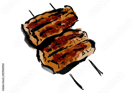 串に刺したうなぎの蒲焼きの手書きの和風筆書きイラスト