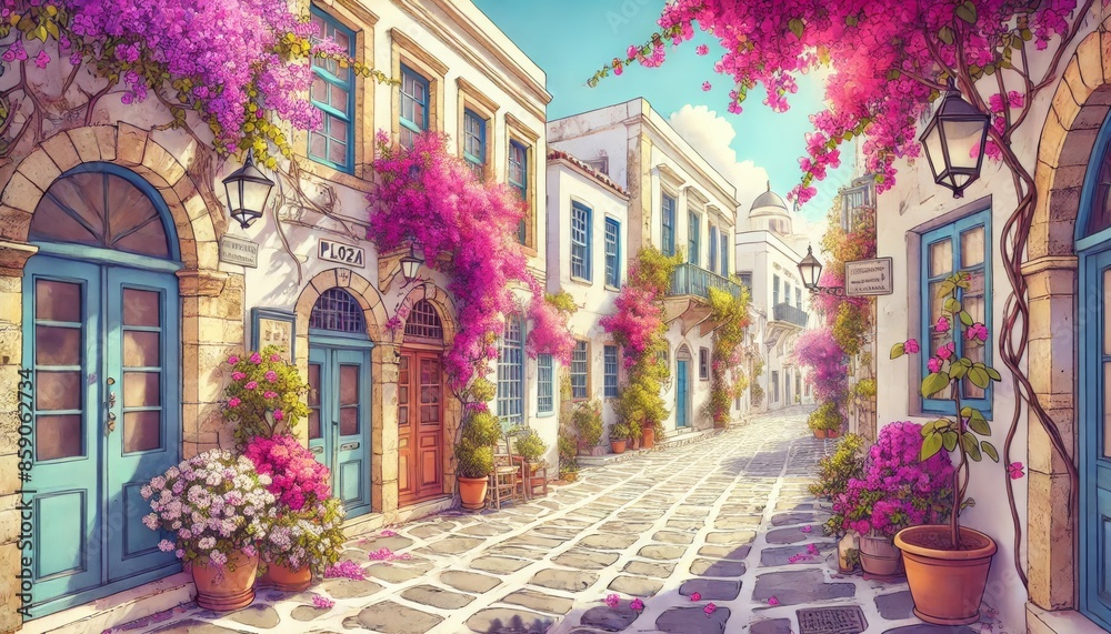 The spring scene of Plaka district in Athens, with narrow cobblestone streets lined with flowers and historic buildings The spring scene of Plaka district in Athens, with narrow cobblestone streets lined with flowers and historic buildings