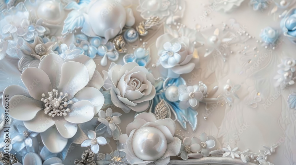 Pearlescent white and silver with a touch of light blue, icy and elegant. Pearlescent white and silver with a touch of light blue, icy and elegant.