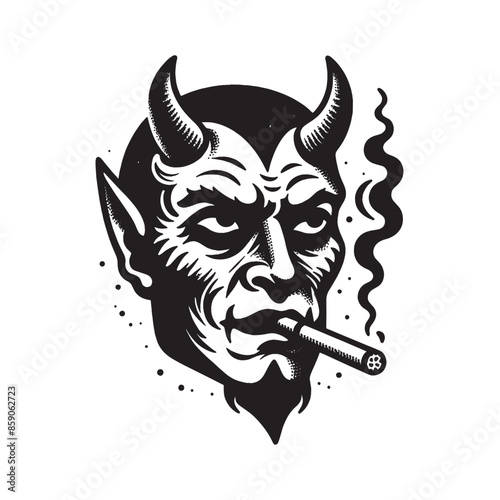 Old school devil face smoking a cigarette. Vintage vector illustration, emblem, tattoo sketch, print