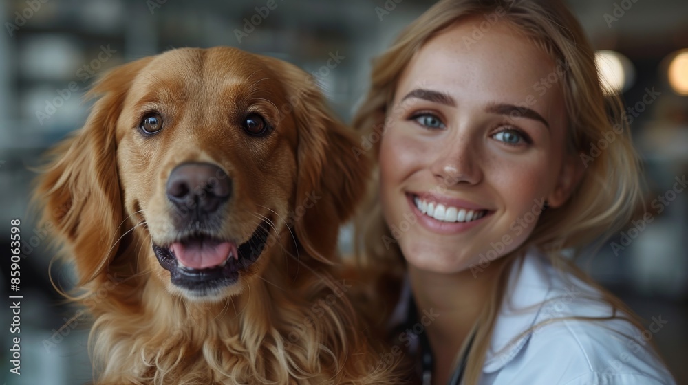 portrait of a young Caucasian beautiful woman veterinarian hugging a dog of the retriever breed while in a veterinary clinic