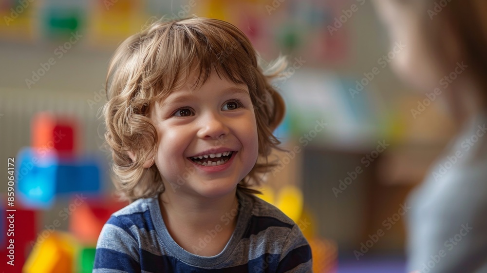 Caucasian preschool boy at a consultation or lesson with a speech therapist or child psychologist Caucasian preschool boy at a consultation or lesson with a speech therapist or child psychologist