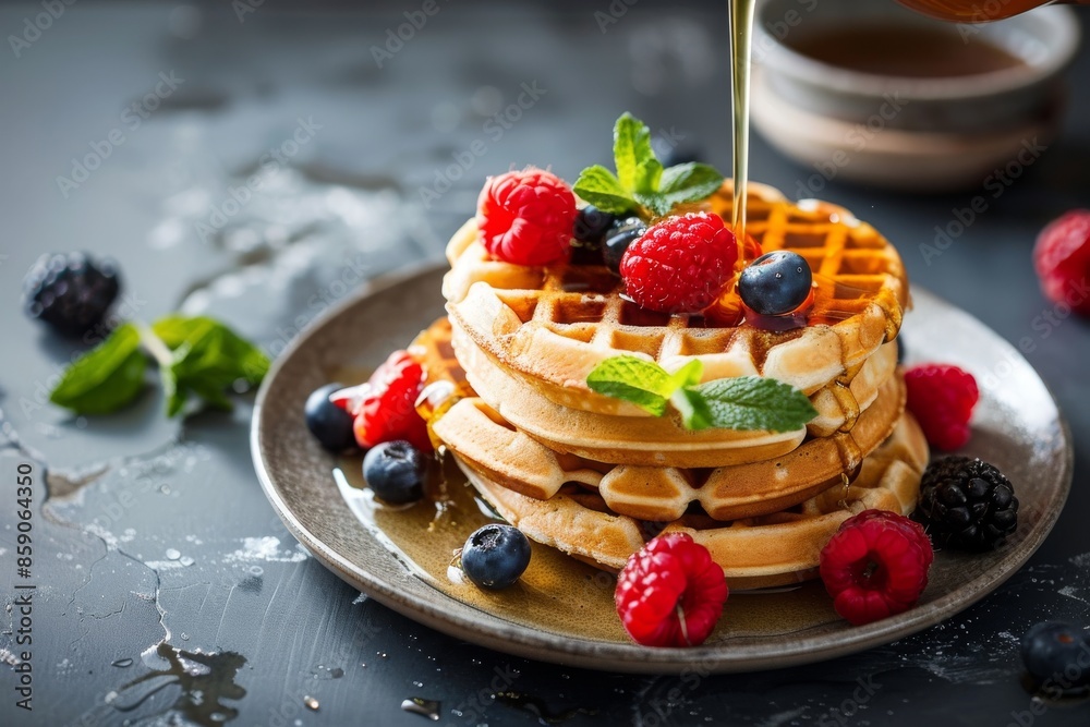 Delicious Stack of Waffles Topped with Fresh Berries and Syrup Delicious Stack of Waffles Topped with Fresh Berries and Syrup
