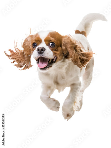 Full body shot of Cavalier King Charles Spaniel dog, running happily, smiling.