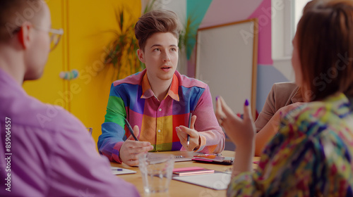 Businessman of the alternative gender in a variety of striking colorful outfits. Meeting and giving advice to team members.