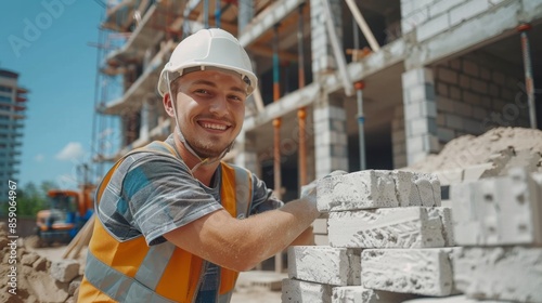 smiling bricklayer builder in uniform and sasuke builds a house from bricks on a sunny day