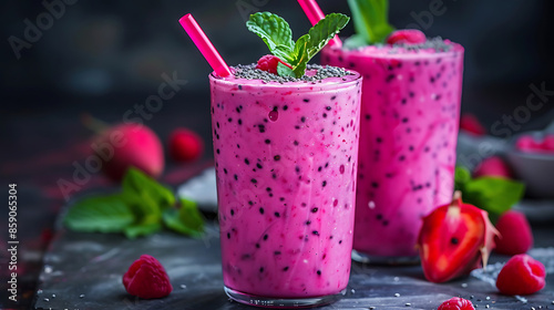 glasses of vibrant pink dragon fruit smoothie (pitaya smoothie), garnished with fresh mint leaves and raspberries. a halved dragon fruit in the background. The smoothies are served with striped straws