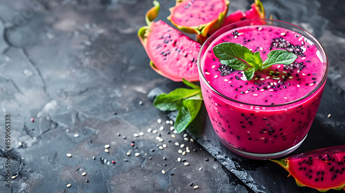 glasses of vibrant pink dragon fruit smoothie (pitaya smoothie), garnished with fresh mint leaves and raspberries. a halved dragon fruit in the background. 