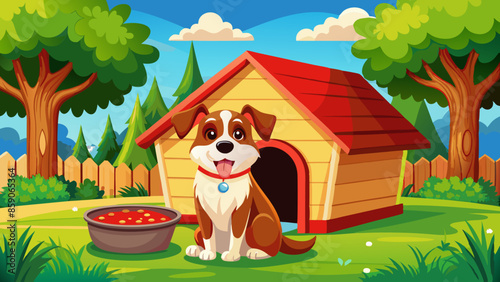 A brown and white dog sitting in a wooden dog house with a red roof, surrounded by a grassy field with trees in the background. There is a red food bowl in the foreground