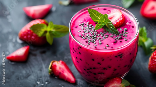 glasses of vibrant pink dragon fruit smoothie (pitaya smoothie), garnished with fresh mint leaves and strawberry. a halved dragon fruit in the background.