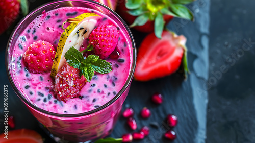 glasses of vibrant pink dragon fruit smoothie (pitaya smoothie), garnished with fresh mint leaves and strawberry. a halved dragon fruit in the background.