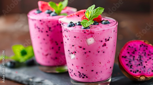 glasses of vibrant pink dragon fruit smoothie (pitaya smoothie), garnished with fresh mint leaves and raspberries. a halved dragon fruit in the background. 