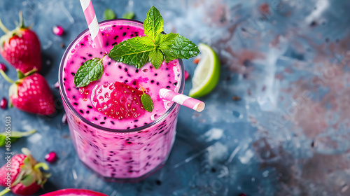 glasses of vibrant pink dragon fruit smoothie (pitaya smoothie), garnished with fresh mint leaves and raspberries. a halved dragon fruit in the background. 