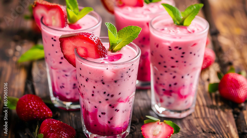 glasses of vibrant pink dragon fruit smoothie (pitaya smoothie), garnished with fresh mint leaves and raspberries. a halved dragon fruit in the background. 