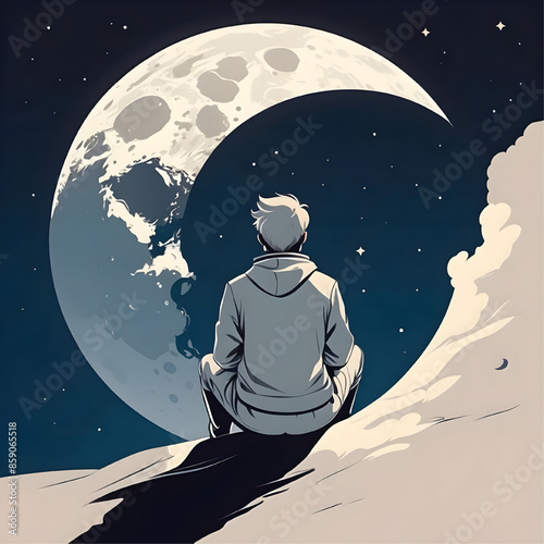 Contemplation Under the Cosmic Crescent: A lone figure finds solace amidst a celestial dreamscape, gazing at a crescent moon illuminating the night sky. 