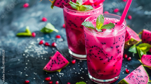 glasses of vibrant pink dragon fruit smoothie (pitaya smoothie), garnished with fresh mint leaves and raspberries. a halved dragon fruit in the background. 