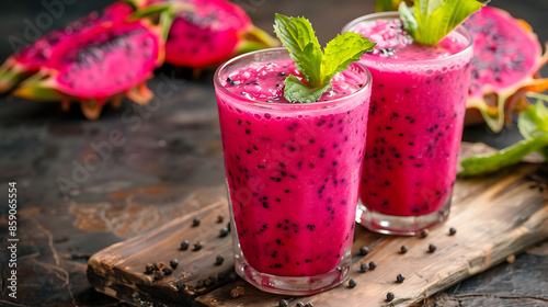 glasses of vibrant pink dragon fruit smoothie (pitaya smoothie), garnished with fresh mint leaves and raspberries. a halved dragon fruit in the background. 