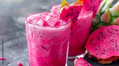 glasses of vibrant pink dragon fruit smoothie (pitaya smoothie), garnished with fresh mint leaves and raspberries. a halved dragon fruit in the background. 