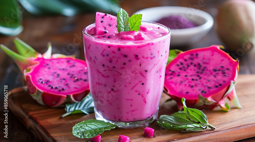 glasses of vibrant pink dragon fruit smoothie (pitaya smoothie), garnished with fresh mint leaves and raspberries. a halved dragon fruit in the background. 