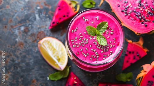 glasses of vibrant pink dragon fruit smoothie (pitaya smoothie), garnished with fresh mint leaves and raspberries. a halved dragon fruit in the background. 