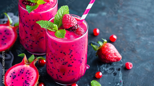 glasses of vibrant pink dragon fruit smoothie (pitaya smoothie), garnished with fresh mint leaves and strawberry. a halved dragon fruit in the background.