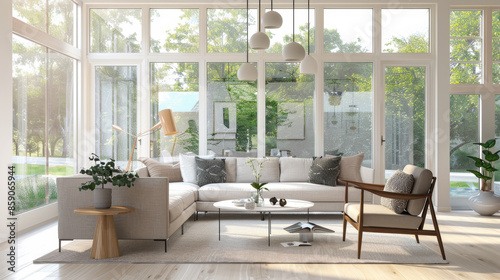 Bright and airy living room with modern furnishings, large windows, and a peaceful garden view, exuding comfort and elegance.