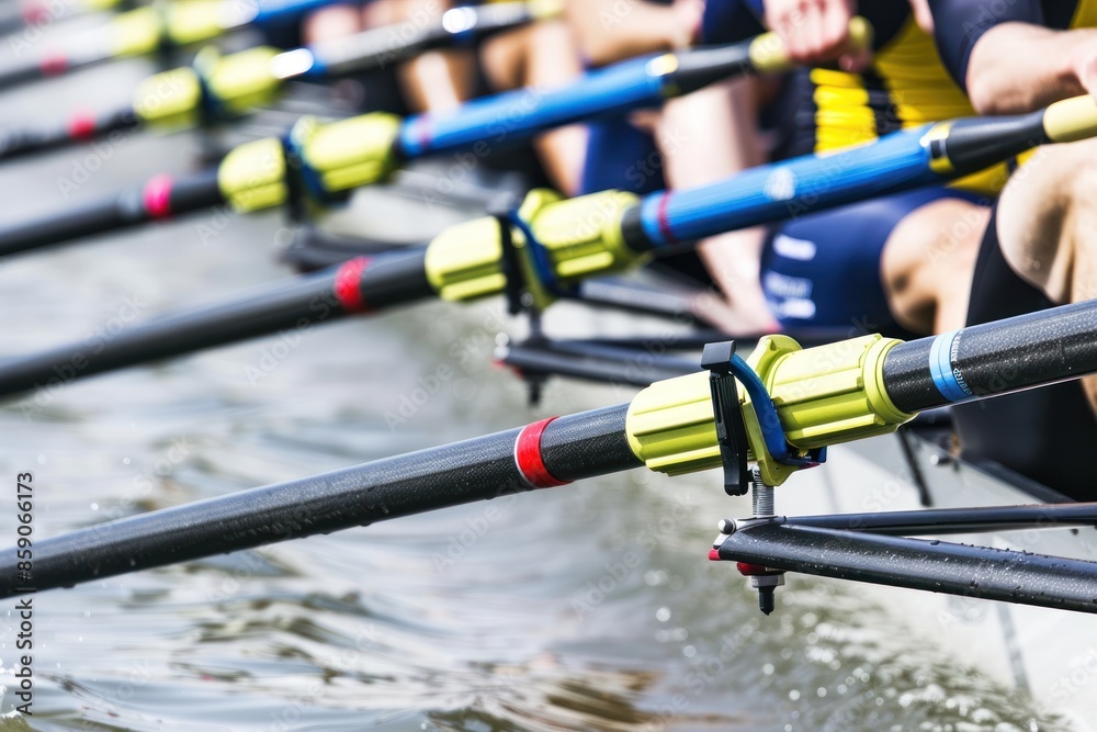 A group of rowers in uniform sitting in their boats, waiting to start a race or practice session A group of rowers in uniform sitting in their boats, waiting to start a race or practice session