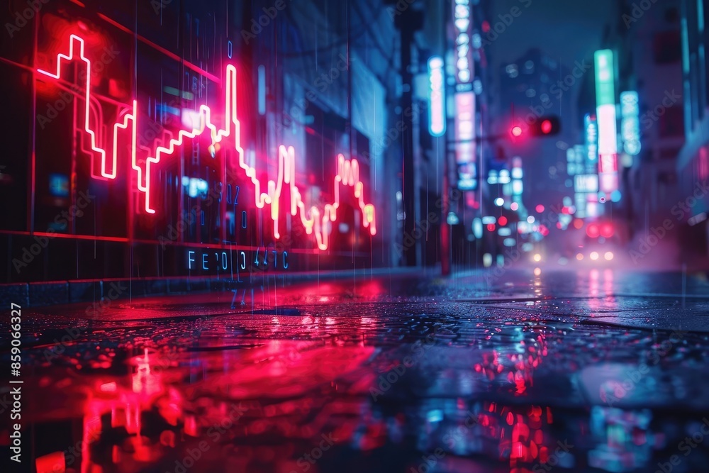 Fototapeta premium Neon city street with financial graph, glowing lights reflecting on wet pavement, representing stock market trends and urban nightlife.