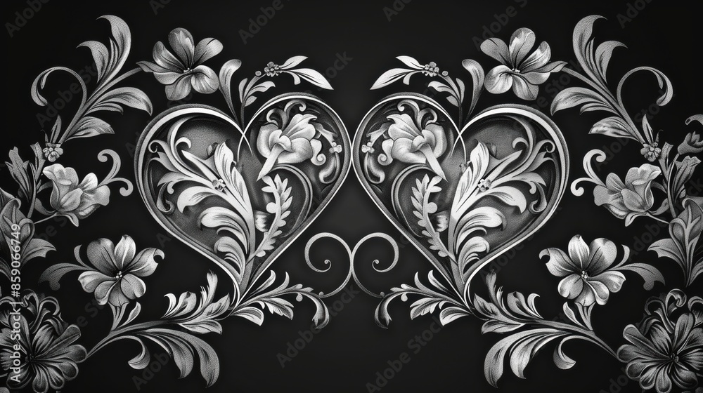 Intricate Floral Heart Design on Black.