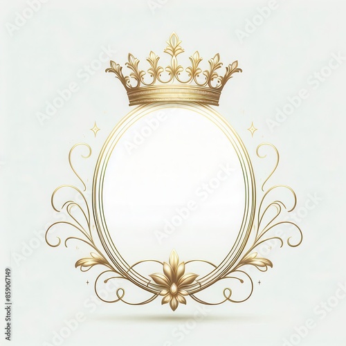Oval golden frame with a gold tiara or crown ornament - Blank frame for invitation card designs or templates