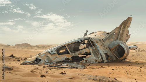 Fototapeta Naklejka Na Ścianę i Meble -  An old, rusted spaceship lies in disrepair in the endless expanse of a sandy desert, telling a tale of forgotten journeys and lost time.